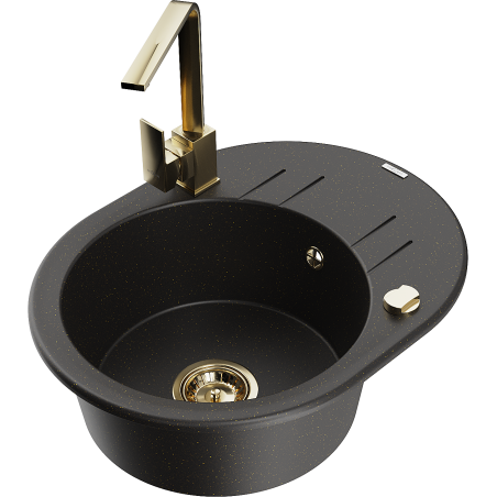 Mexen Kevin granitinė vienos kameros kriauklė su lašintuvu ir virtuviniu maišytuvu Rita, juoda/auksinis metalikas