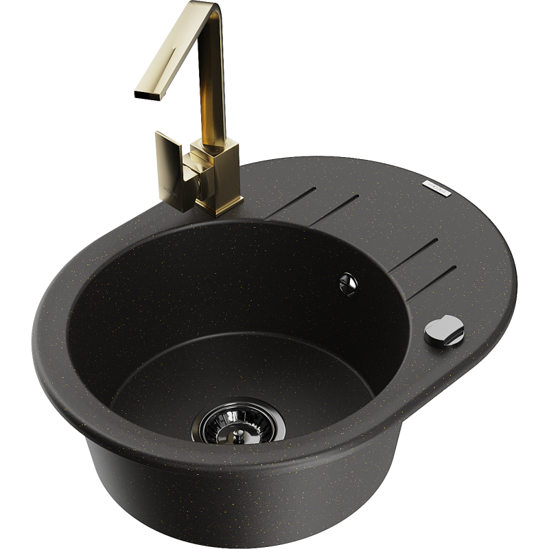 Mexen Kevin vienos sekcijos granitinis praustuvas su lašeliu ir virtuviniu maišytuvu Rita, juodas/auksinio metalo