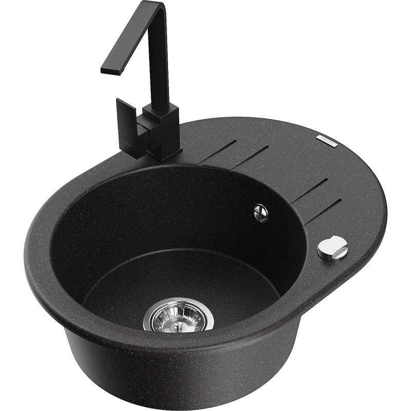 Mexen Kevin granitinė 1 skyrelio kriauklė su nuvarvėjimu ir virtuviniu maišytuvu Rita, juoda/auksinė metalika