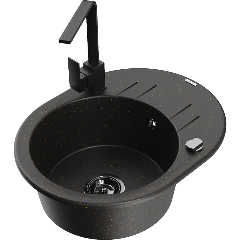 Mexen Kevin granitinė vienos kameros plautuve su nusausintuvu ir virtuvės maišytuvu Rita, juoda/aukso metalo
