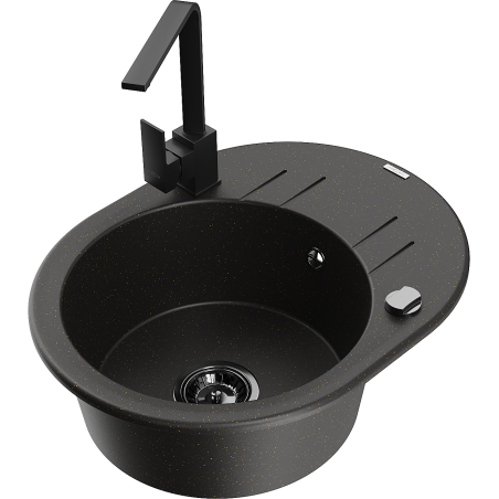 Mexen Kevin granitinė vienos kameros plautuve su nusausintuvu ir virtuvės maišytuvu Rita, juoda/aukso metalo