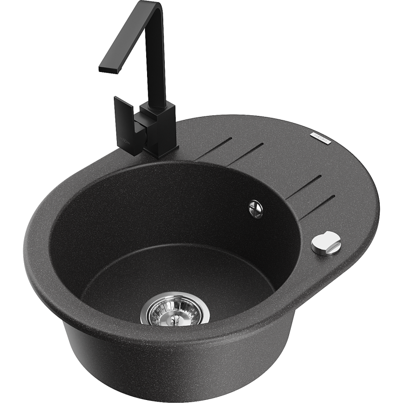 Mexen Kevin granitinė vienos plautuvės kriauklė su nusausintuvu ir virtuviniu maišytuvu Rita, juoda dėmėta