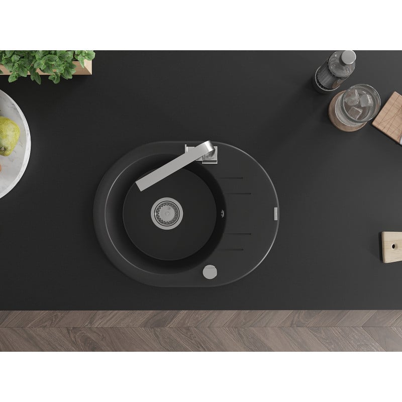 Mexen Kevin vienos kameros granitinė kriauklė su džiovykla ir virtuviniu maišytuvu Rita, juodas - 6517-77-670300-00