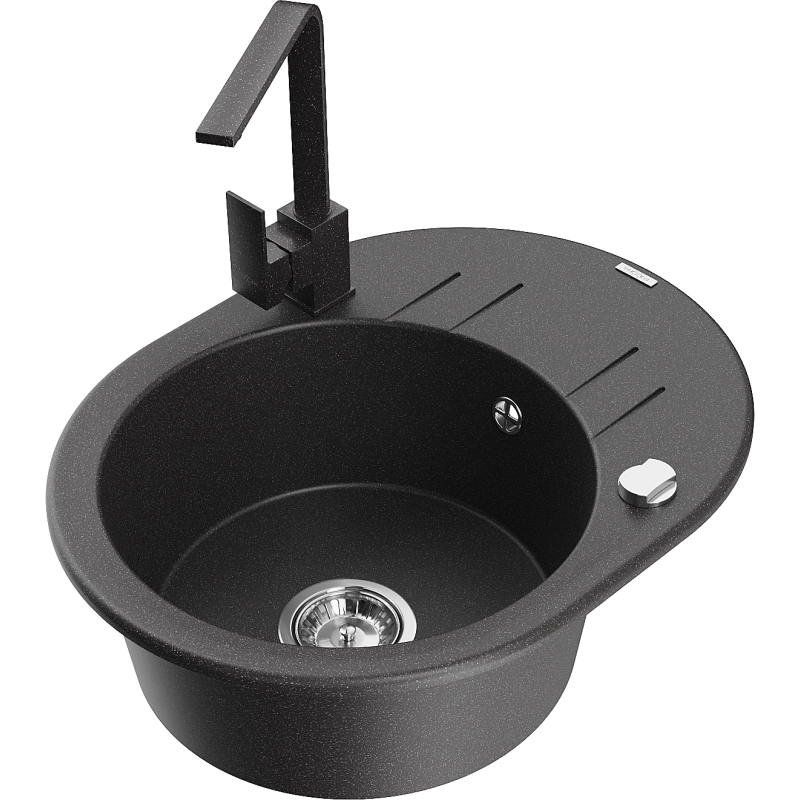 Mexen Kevin granitinė vienos sekcijos kriauklė su drenažu ir virtuviniu maišytuvu Rita, juoda su taškeliais