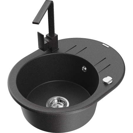 Mexen Kevin granitinė vienos sekcijos kriauklė su drenažu ir virtuviniu maišytuvu Rita, juoda su taškeliais