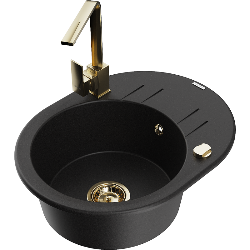 Mexen Kevin 1 kamerų granito kriauklė su nutekėjimu ir virtuviniu maišytuvu Rita, juoda - 6517-77-670300-50