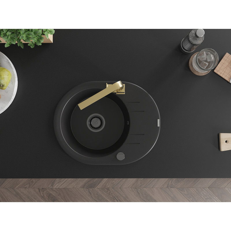 Mexen Kevin granito kriauklė, 1 skyrelio su nusausinimo plokštele ir virtuvės maišytuvu Rita, juodas - 6517-77-670300-50-B