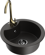 Mexen Diego granitinis kriauklė su viena kamera ir virtuvės maišytuvu Telma, juodas/auksinis - 6512-75-670200-50-B