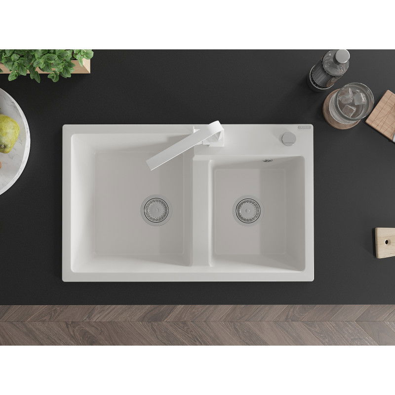 Mexen Tomas granitinė kriauklė 2 kamerų su virtuviniu maišytuvu Rita, balta - 6516-20-670300-20