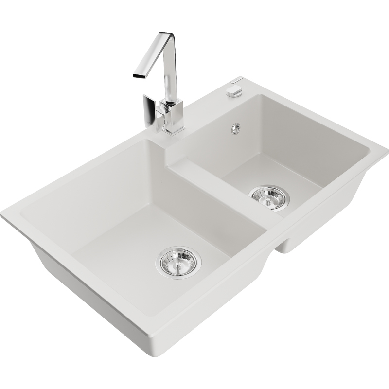 Mexen Tomas granitinė plautuvė su 2 skyreliais ir virtuviniu maišytuvu Rita, balta - 6516-20-670300-00