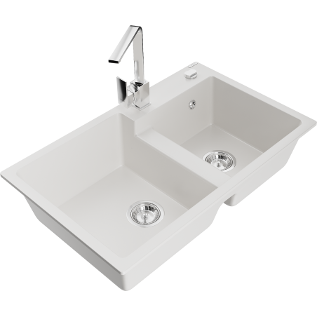 Mexen Tomas granitinė plautuvė su 2 skyreliais ir virtuviniu maišytuvu Rita, balta - 6516-20-670300-00