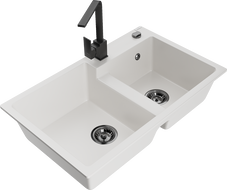 Mexen Tomas granitinė dviejų skyrių plautuvė su virtuviniu maišytuvu Rita, balta - 6516-20-670300-70