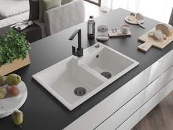 Mexen Tomas granitinė dviejų skyrių plautuvė su virtuviniu maišytuvu Rita, balta - 6516-20-670300-70