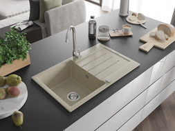 Mexen Bruno 1 dubens granitinė kriauklė su nusausintuvu ir virtuviniu maišytuvu Telma, smėlio spalvos - 6513-69-670200-00