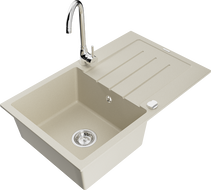 Mexen Bruno 1 dubens granitinė kriauklė su nusausintuvu ir virtuviniu maišytuvu Telma, smėlio spalvos - 6513-69-670200-00