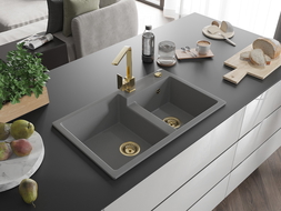 Mexen Tomas dviejų kamerų granitinis plautuvas su virtuviniu maišytuvu Rita, pilkas - 6516-71-670300-50