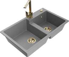 Mexen Tomas dviejų kamerų granitinis plautuvas su virtuviniu maišytuvu Rita, pilkas - 6516-71-670300-50