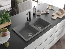 Mexen Tomas granito plautuvė, dviejų skyrių su virtuvės čiaupu Rita, pilka - 6516-71-670300-70