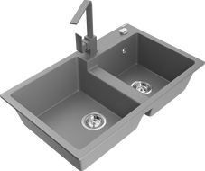 Mexen Tomas granitinė dviejų skyrių virtuvės plautuvė su Rita virtuviniu maišytuvu, pilka - 6516-71-670300-71