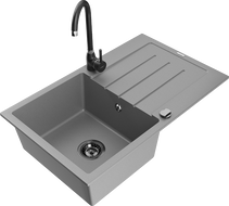 Mexen Bruno vieno dubens granito plautuvė su nusausinimo plokštele ir virtuviniu maišytuvu Telma, pilka - 6513-71-670200-70-B