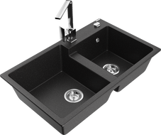 Mexen Tomas granito plautuvė su dviejų skyrių Rita virtuvės maišytuvu, juoda / sidabrinis metalikas - 6516-73-670300-00