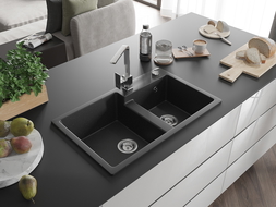 Mexen Tomas granito plautuvė su dviejų skyrių Rita virtuvės maišytuvu, juoda / sidabrinis metalikas - 6516-73-670300-00