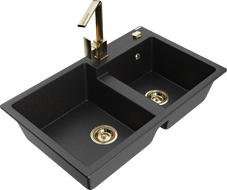 Mexen Tomas dviejų skyrių granito kriauklė su virtuviniu maišytuvu Rita, juoda/sidabrinis metalikas - 6516-73-670300-50