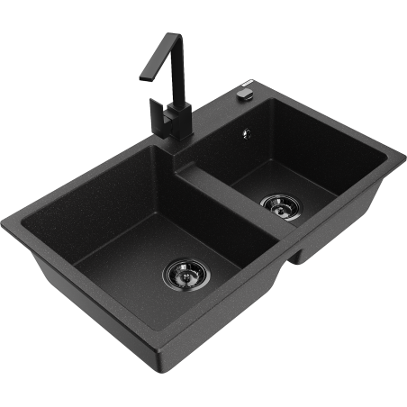 Mexen Tomas 2 skylių granitinis plautuvas su virtuvės maišytuvu Rita, juodas/sidabrinis metalikas - 6516-73-670300-70-B