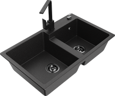 Mexen Tomas 2 skylių granitinis plautuvas su virtuvės maišytuvu Rita, juodas/sidabrinis metalikas - 6516-73-670300-70-B