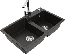 Mexen Tomas granitinis kriauklių komplektas su Ritos virtuvės maišytuvu, juodas/auksinis metalikas - 6516-75-670300-00