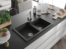 Mexen Tomas granitinis kriauklių komplektas su Ritos virtuvės maišytuvu, juodas/auksinis metalikas - 6516-75-670300-00