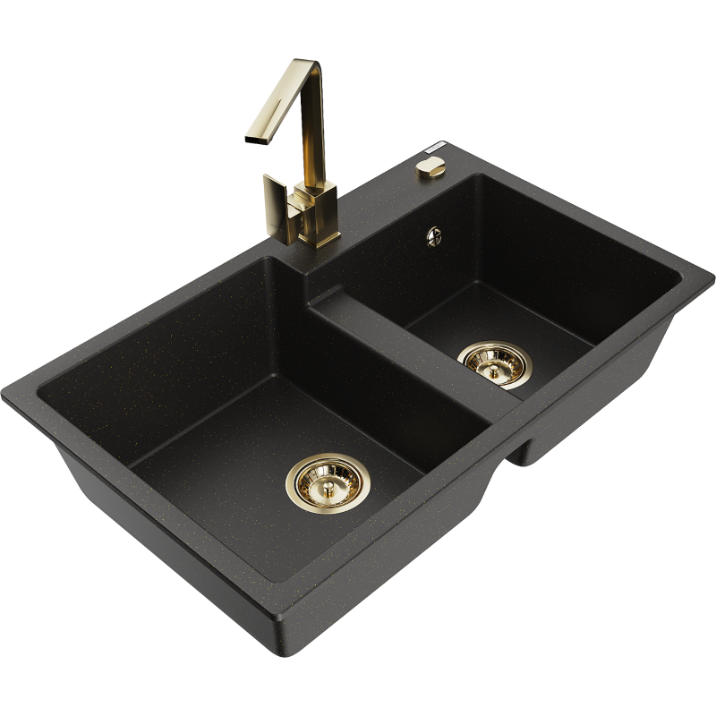 Mexen Tomas granitinė dviejų dalių virtuvės plautuvė su virtuviniu maišytuvu Rita, juoda/auksinė metalo spalva