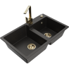 Mexen Tomas granitinė dviejų dalių virtuvės plautuvė su virtuviniu maišytuvu Rita, juoda/auksinė metalo spalva