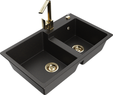 Mexen Tomas granitinė dviejų dalių virtuvės plautuvė su virtuviniu maišytuvu Rita, juoda/auksinė metalo spalva