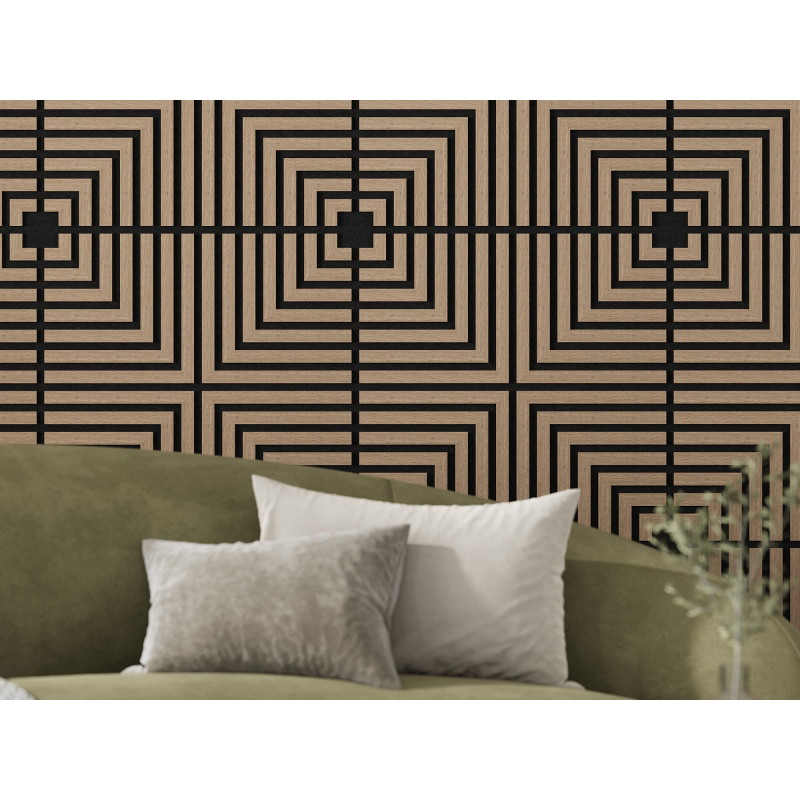 Mexen Linea 02 garsinė sieninė plokštė 60 x 60 cm (4 vnt.), veltinis 9 mm, techninis fanera, Šviesus riešutas