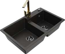 Mexen Tomas granito plautuvė su 2 kameromis, su virtuviniu maišytuvu Rita, juodas/auksinis metalinis - 6516-75-670300-50-B