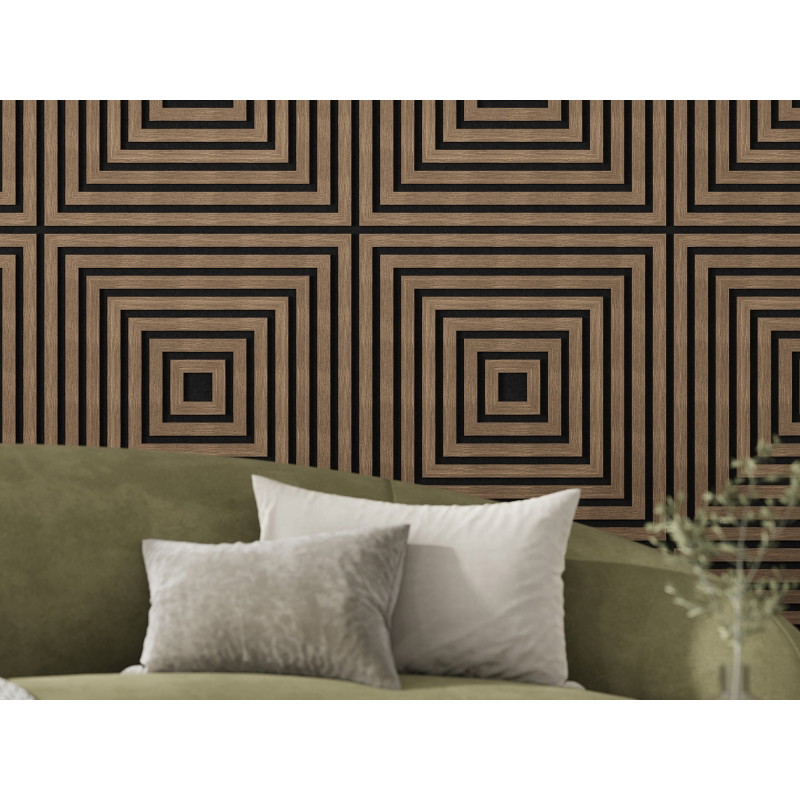Mexen Linea 13 akustinė sienų plokštė 60 x 60 cm (4 vnt.), 9 mm veltinis, techninis faneras, tamsus riešutas