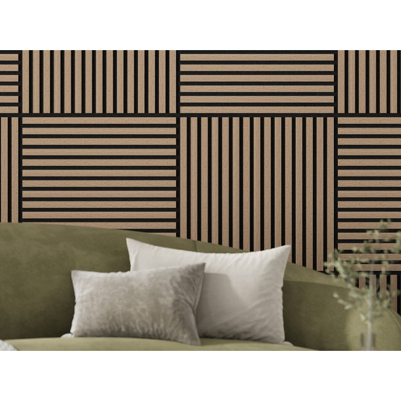 Mexen Linea 15 akustinė sieninė plokštė 60 x 60 cm (4 vnt.), 9 mm veltinis, techninis faneros lukštas, Šviesus Riešutas