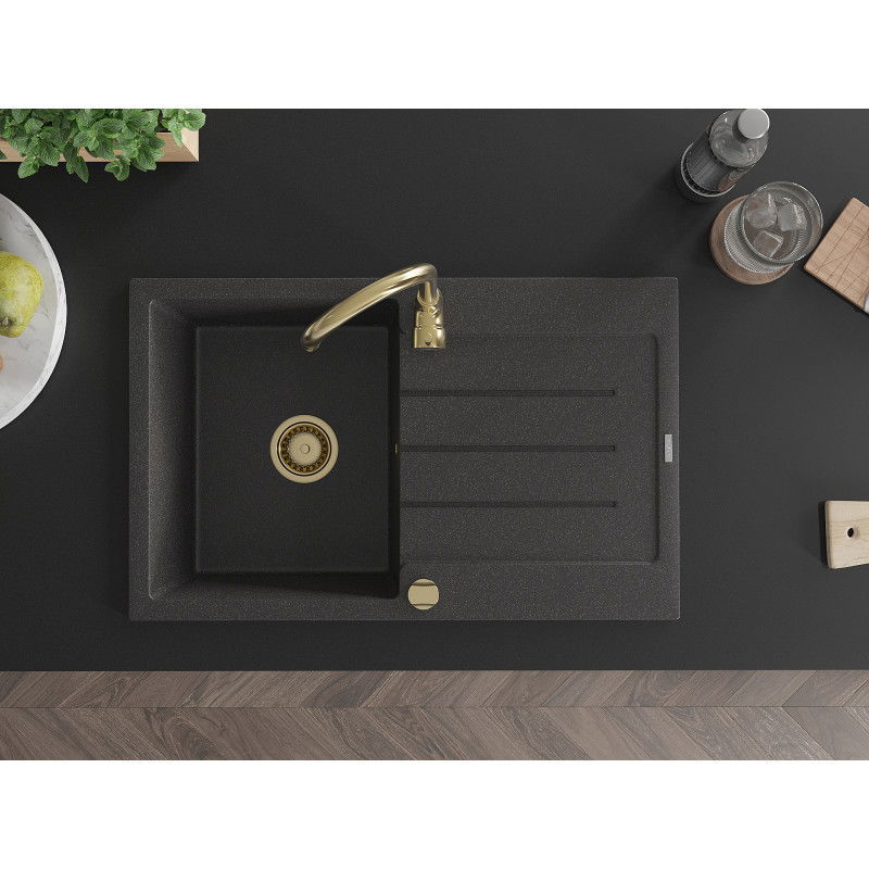 Mexen Bruno granitinė vienos kameros kriauklė su džiovykle ir virtuvės maišytuvu Telma, juoda taškuota - 6513-76-670200-50