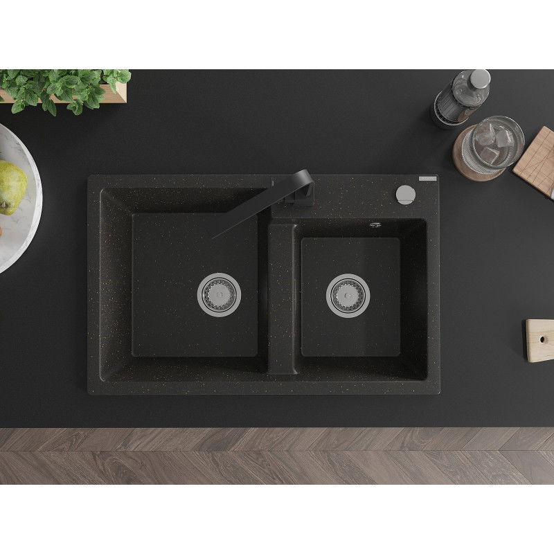Mexen Tomas granito plautuvė, 2 skyrių su virtuviniu maišytuvu Rita, juodas/auksinis metalikas - 6516-75-670300-70