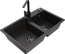 Mexen Tomas dviejų kamerų granitinė virtuvės kriauklė su maišytuvu Rita, juoda/auksinė metalo - 6516-75-670300-70-B