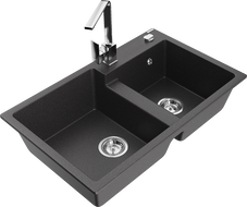 Mexen Tomas granito plautuvė 2-jų kamerų su virtuviniu maišytuvu Rita, juoda dėmelėta - 6516-76-670300-00