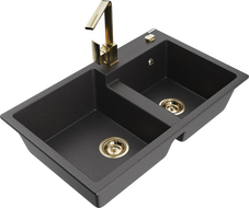 Mexen Tomas granitinė dviejų skyrių virtuvės plautuvė su kriaukle Rita, juoda marginta - 6516-76-670300-50