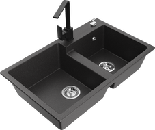 Mexen Tomas granito plautuvė su 2 kameromis su Rita virtuviniu maišytuvu, juodas taškuotas - 6516-76-670300-70