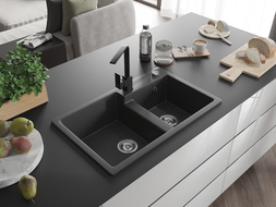 Mexen Tomas granito plautuvė su 2 kameromis su Rita virtuviniu maišytuvu, juodas taškuotas - 6516-76-670300-70