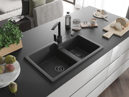 Mexen Tomas granitinis 2 skyrių virtuvinis maišytuvas su kriaukle Rita, juodas su taškeliais - 6516-76-670300-70-B