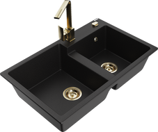 Mexen Tomas 2-jų skyrių granitinė plautuvė su Rita virtuviniu maišytuvu, juoda - 6516-77-670300-50