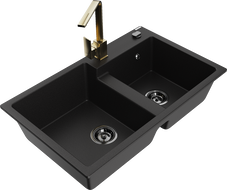 Mexen Tomas dviejų skyrių granitinė virtuvės kriauklė su Rita maišytuvu, juoda - 6516-77-670300-50-B
