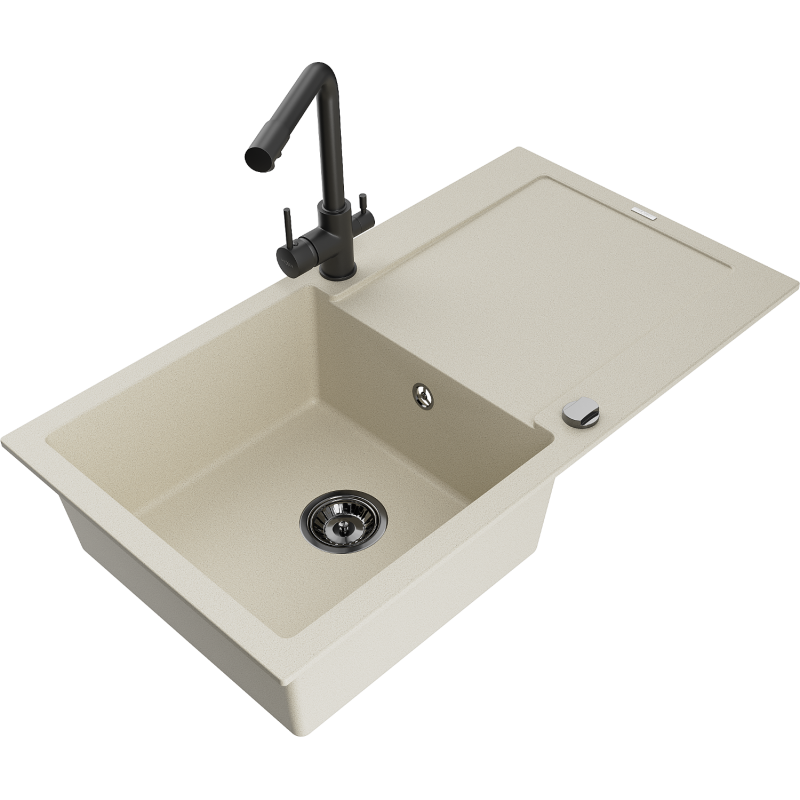 Mexen Leo granitinis vienos kameros kriauklė su nutekėjimu ir virtuviniu maišytuvu Duero, smėlio spalvos- 6501-69-671600-70