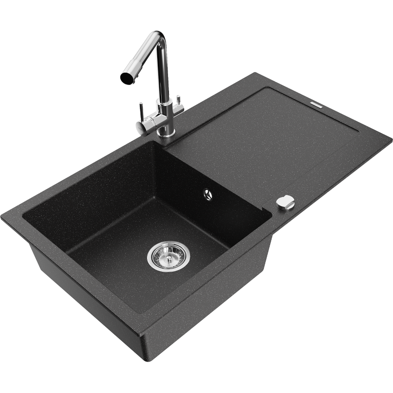 Mexen Leo granitinė vienos kameros kriauklė su indaplove ir virtuviniu maišytuvu Duero, juoda/sidabrinė metalika